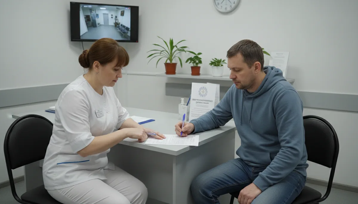 Пациент подписывает информированное добровольное согласие в приёмном кабинете наркологической клиники